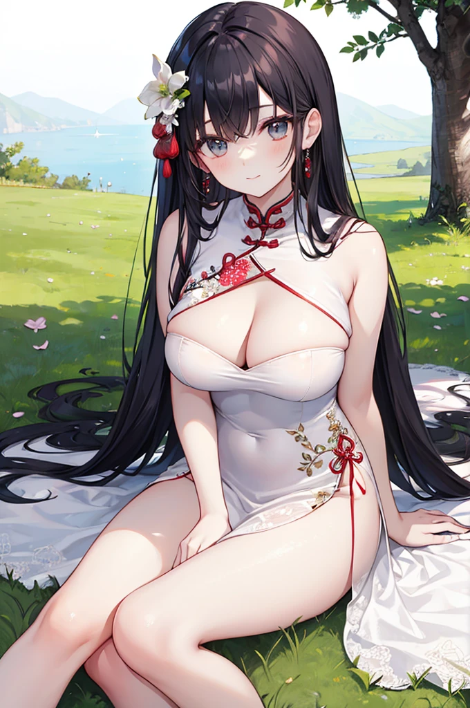 Beautiful Chinese girl，Wearing a crisp white wedding dress，（transparent），Black long hair，watcher，Upper Body，Sitting on the grass，Lovely，A slight smile on the face，Large bust，Beautiful breasts are long and naturally droopy，Cleavage close-up，（Slim legs:10.0)，Peerless Beauty，Wearing Chinese ancient jade hairpin jewelry，Red leg