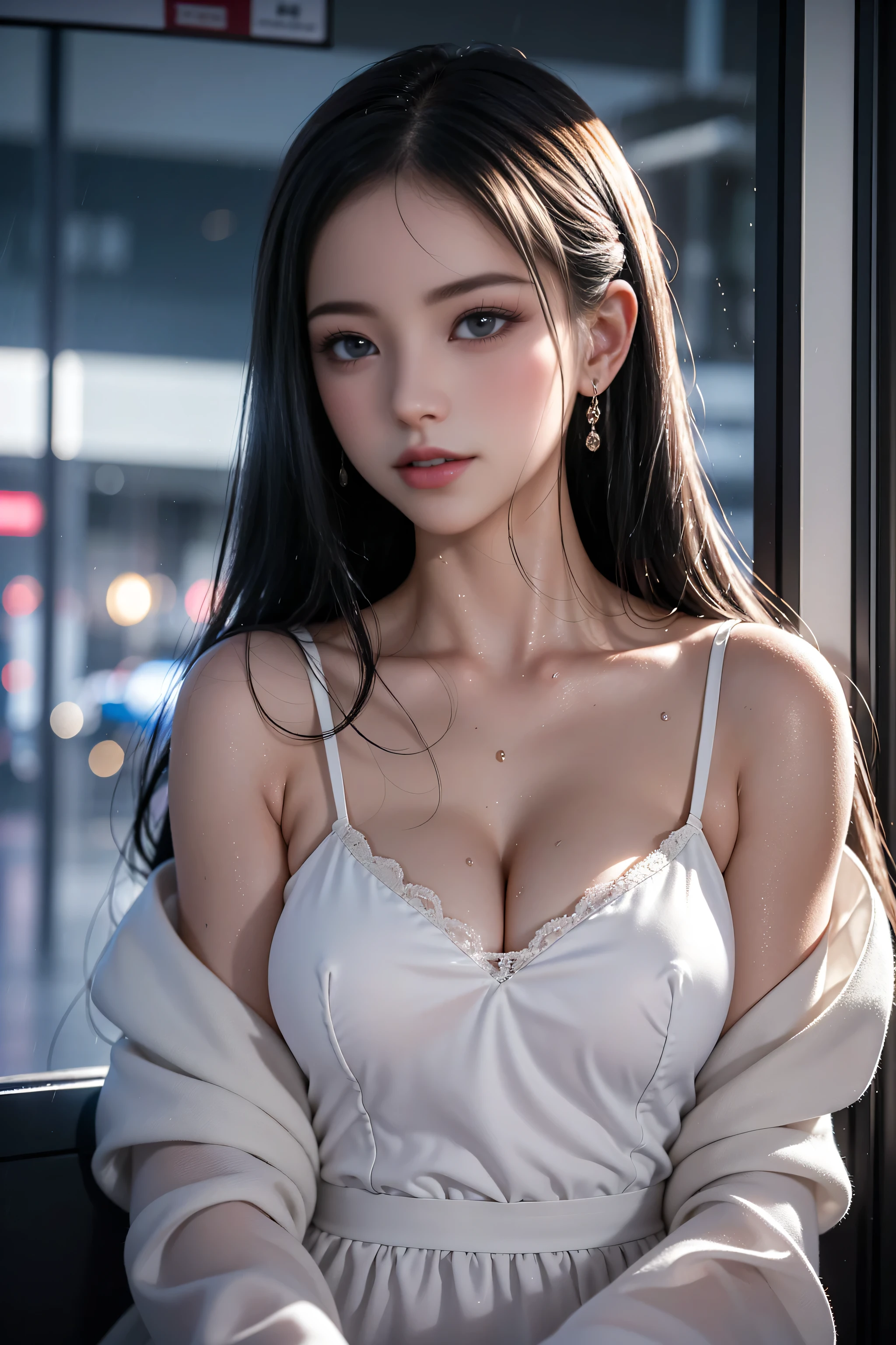 (Taking shelter from the rain in a waiting room at a lakeside park),(RAW shooting, Photorealistic:1.5, 8K, Highest image quality, masterpiece, Ultra-high resolution), Perfect dynamic composition:1.2, Night Street Corner, Looking up at the sky:1.3, ((Heavy rain from a typhoon)), Highly detailed skin and face textures:1.2, 雨にwetスリムな女の子:1.3, Sexy beauty, Perfect Style:1.2, Aesthetic and beautiful, Fair skin, Very beautiful face, (Rain dripping all over my body:1. 2, wet髪:1.4, wet:1.2), Water droplets on the skin, (Medium chest, Chest gap), (Shy laugh, The expression when feeling intense caressing, Facial expression when feeling pleasure), (Beautiful blue eyes), Perfect body, Perfect fingertips(Girl sitting on train seat)、Best quality work,Actual work,Ultra Premium Graphics,8K HD CG works,High quality graphics,High-definition CG works,10x pixels,Extremely fine detail:1.1,Advanced Technical Details:1.1 Photorealistic,Indoor lighting effects:1.5,Natural light:1.5. Light effects(virtual Light effects:1.8),(Golden white short hai(RAW shooting, Photorealistic:1.5, 8K, Highest,((office lady)),((wet白いブラウス))、((wet黒いタイトスカートミニ))、