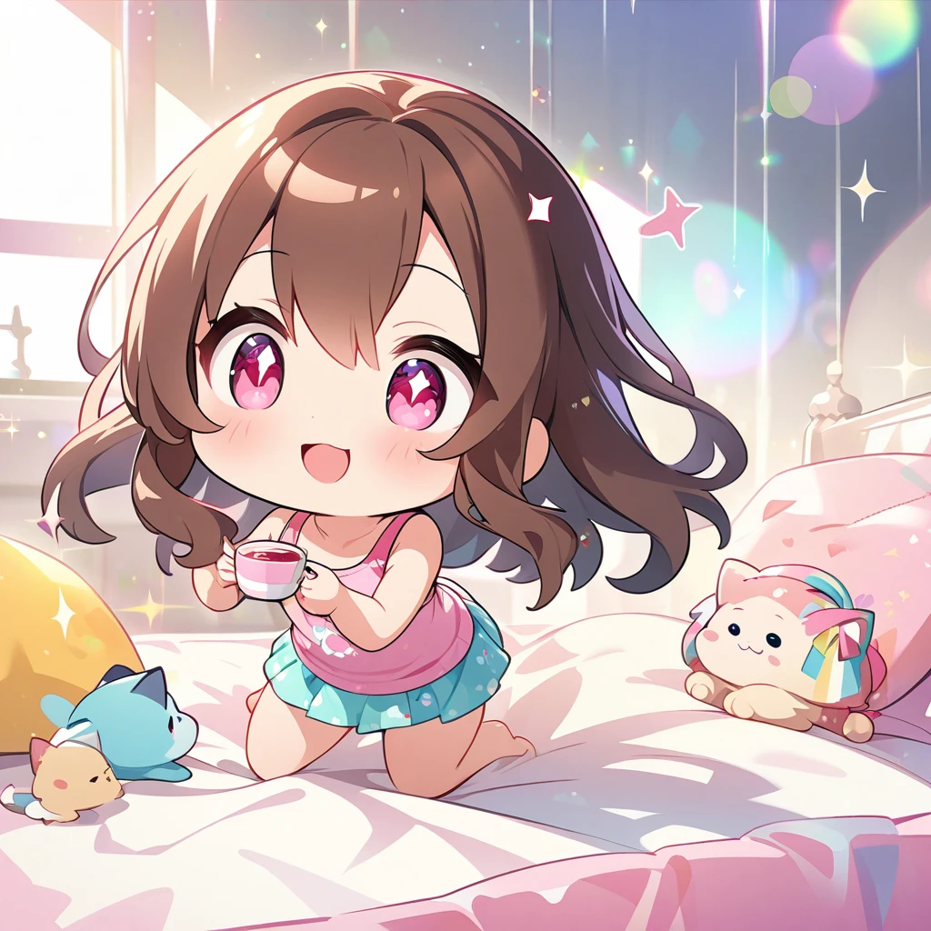 masterpiece, best quality, 4k、2D Illustration、one beautiful girl、solo、(((chibi style)))、((vivid colors))、cute chibi、lovely chibi、long beautiful hair, glossy brown hair, hair between eyes, cute、beautifully detailed eyes、((tank top))、((miniskirt))、(colorful))、((happy smile))、sitting on bed、((full body shot))、((kitten))、((lots of pink stuff around.))、((bed))、sparkle、((lens flare))、