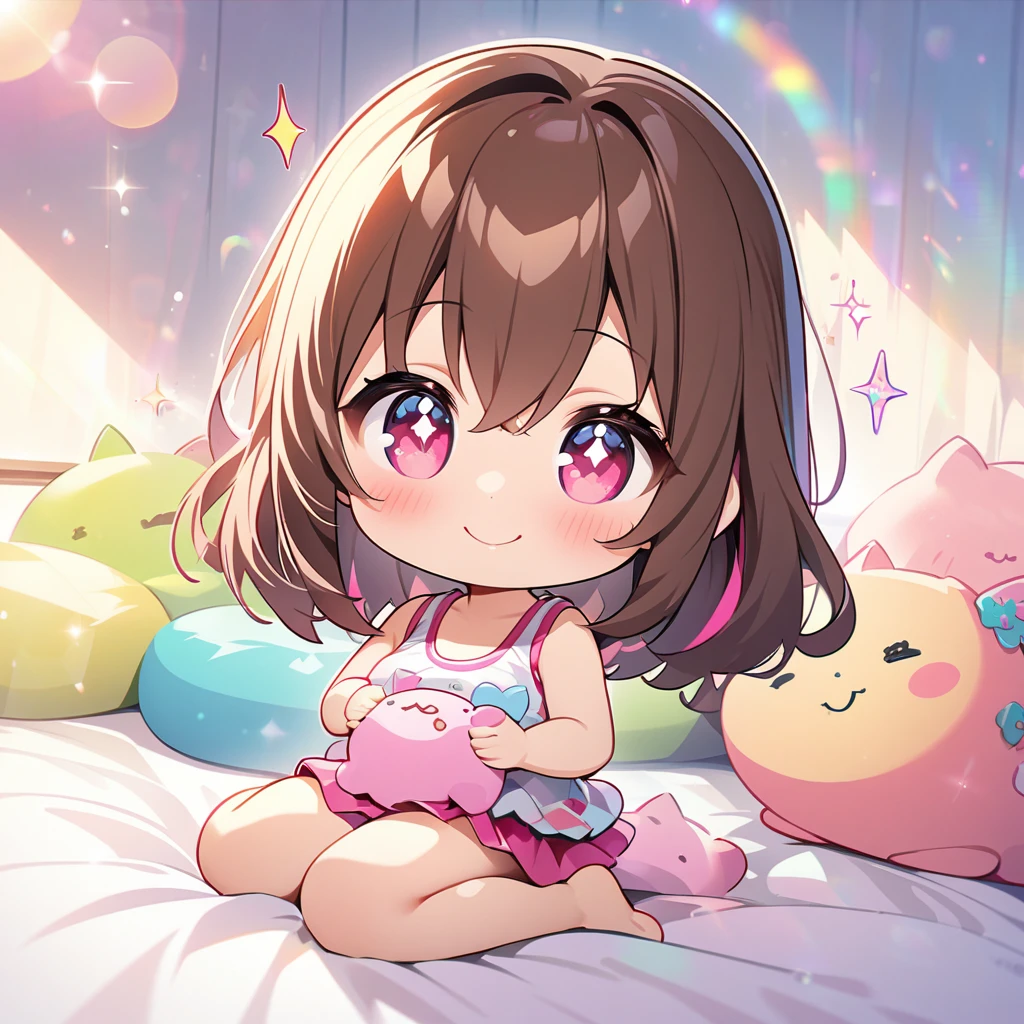 masterpiece, best quality, 4k、2D Illustration、one beautiful girl、solo、(((chibi style)))、((vivid colors))、cute chibi、lovely chibi、long beautiful hair, glossy brown hair, hair between eyes, cute、beautifully detailed eyes、((tank top))、((miniskirt))、(colorful))、((happy smile))、sitting on bed、((full body shot))、((kitten))、((lots of pink stuff around.))、((bed))、sparkle、((lens flare))、