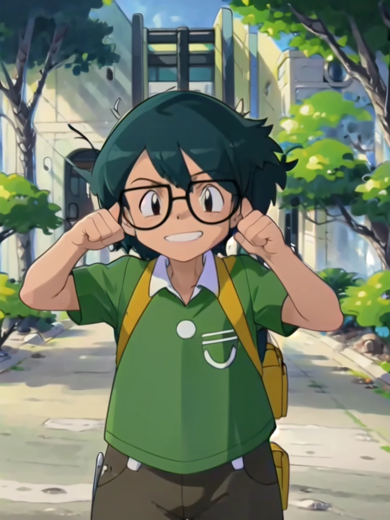 Max, solo, looking at viewer, shirt, 1boy, upper body, short sleeves, male focus, outdoors, teeth, collared shirt, bag, tree, backpack, , black-framed eyewear, green shirt, male childt,smile