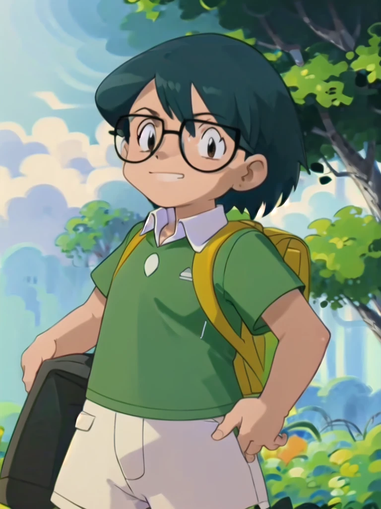 Max, solo, looking at viewer, shirt, 1boy, upper body, short sleeves, male focus, outdoors, teeth, collared shirt, bag, tree, backpack, , black-framed eyewear, green shirt, male childt,smile