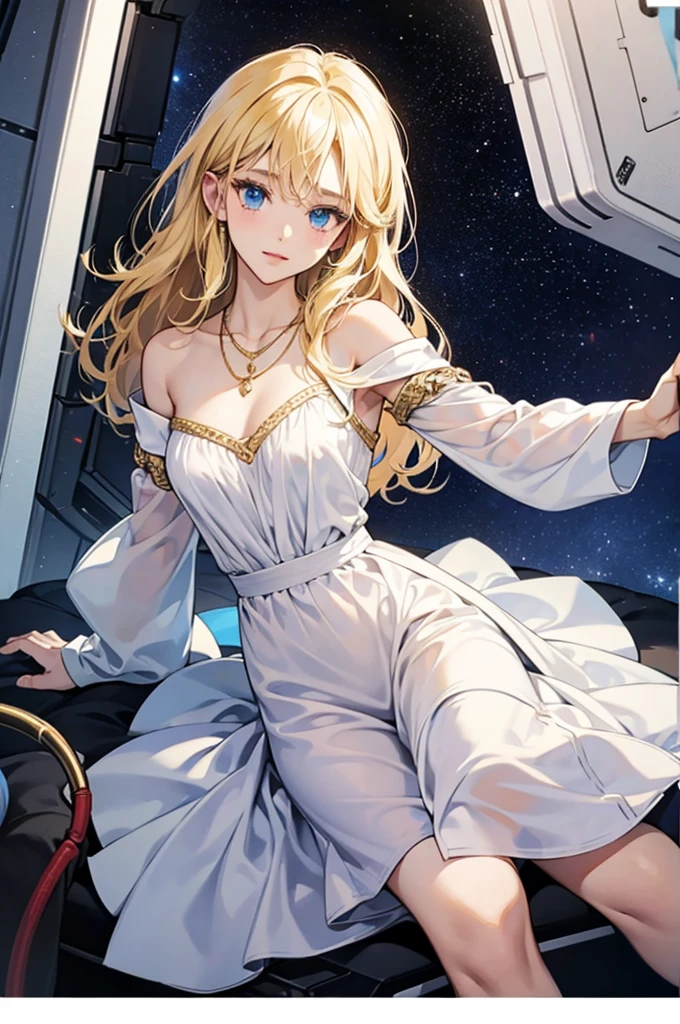 blonde anime girl, beautiful body, dark blue eyes, With white clothes, blue details, on a spaceship, With a gold necklace