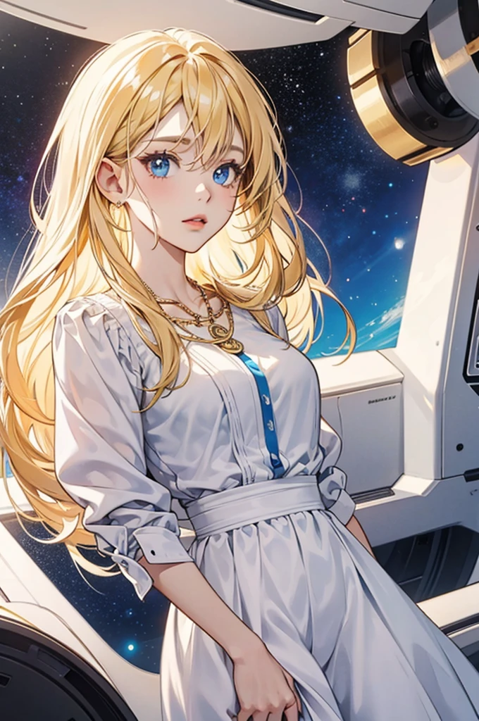 blonde anime girl, beautiful body, dark blue eyes, With white clothes, blue details, on a spaceship, With a gold necklace