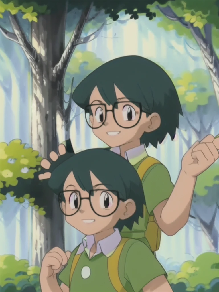 Max, solo, looking at viewer, shirt, 1boy, upper body, short sleeves, male focus, outdoors, teeth, collared shirt, bag, tree, backpack, , black-framed eyewear, green shirt, male childt,smile