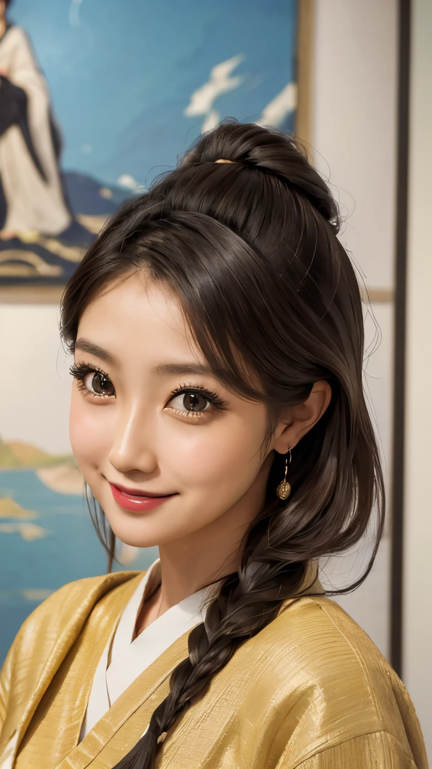 A lovely lady smiling in front of a painting at an art museum,Japanese women,noble,noble,Well-groomed eyebrows,A kind smile,Beautiful in every detail,Handsome, Natural Makeup, Highly detailed skin,8K quality, RAW Photos, Highest quality, Realistic, Cinematic Light