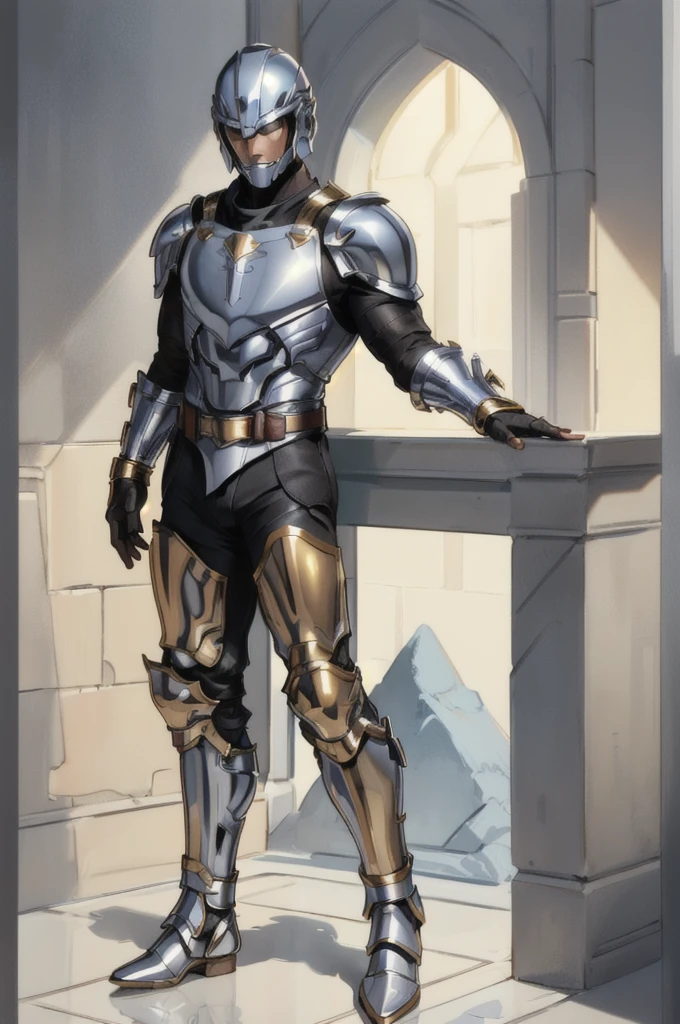 A man wearing silver-colored armor, wearing a silver-colored helmet with a black visor, with a pair of golden bracelets, wearing metallic pants with golden knee pads, golden boots