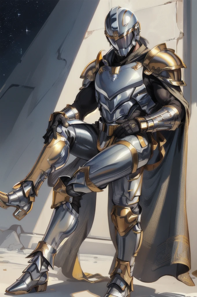 A man wearing silver-colored armor, wearing a silver-colored helmet with a black visor, with a pair of golden bracelets, wearing metallic pants with golden knee pads, golden boots