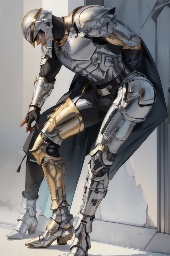 A man wearing silver-colored armor, wearing a silver-colored helmet with a black visor, with a pair of golden bracelets, wearing metallic pants with golden knee pads, golden boots