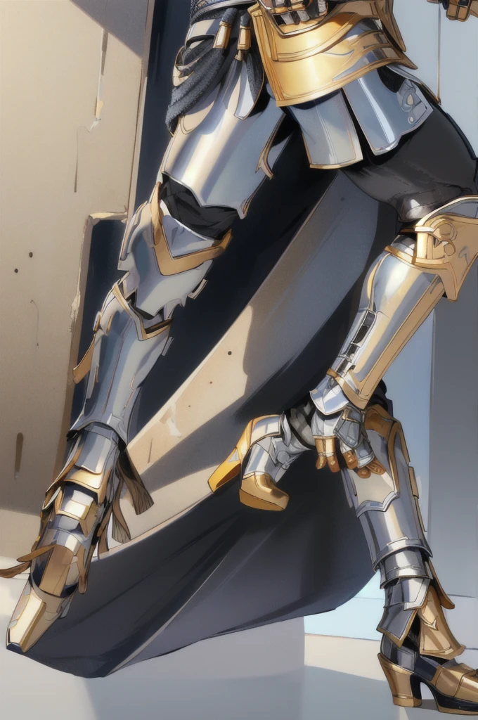 A man wearing silver-colored armor, wearing a silver-colored helmet with a black visor, with a pair of golden bracelets, wearing metallic pants with golden knee pads, golden boots