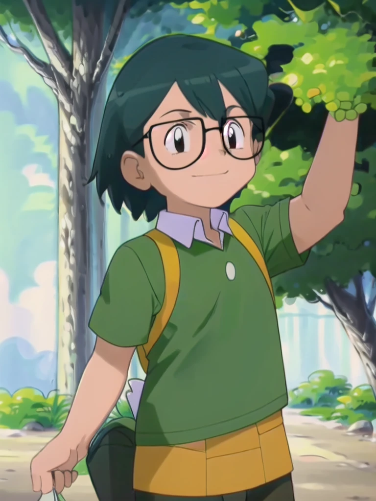 Max, solo, looking at viewer, shirt, 1boy, upper body, short sleeves, male focus, outdoors, teeth, collared shirt, bag, tree, backpack, , black-framed eyewear, green shirt, male childt,smile