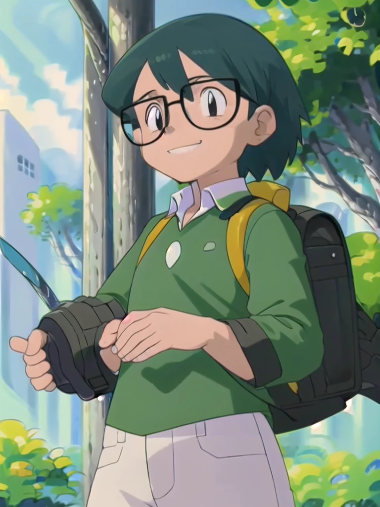Max, solo, looking at viewer, shirt, 1boy, upper body, short sleeves, male focus, outdoors, teeth, collared shirt, bag, tree, backpack, , black-framed eyewear, green shirt, male childt,smile