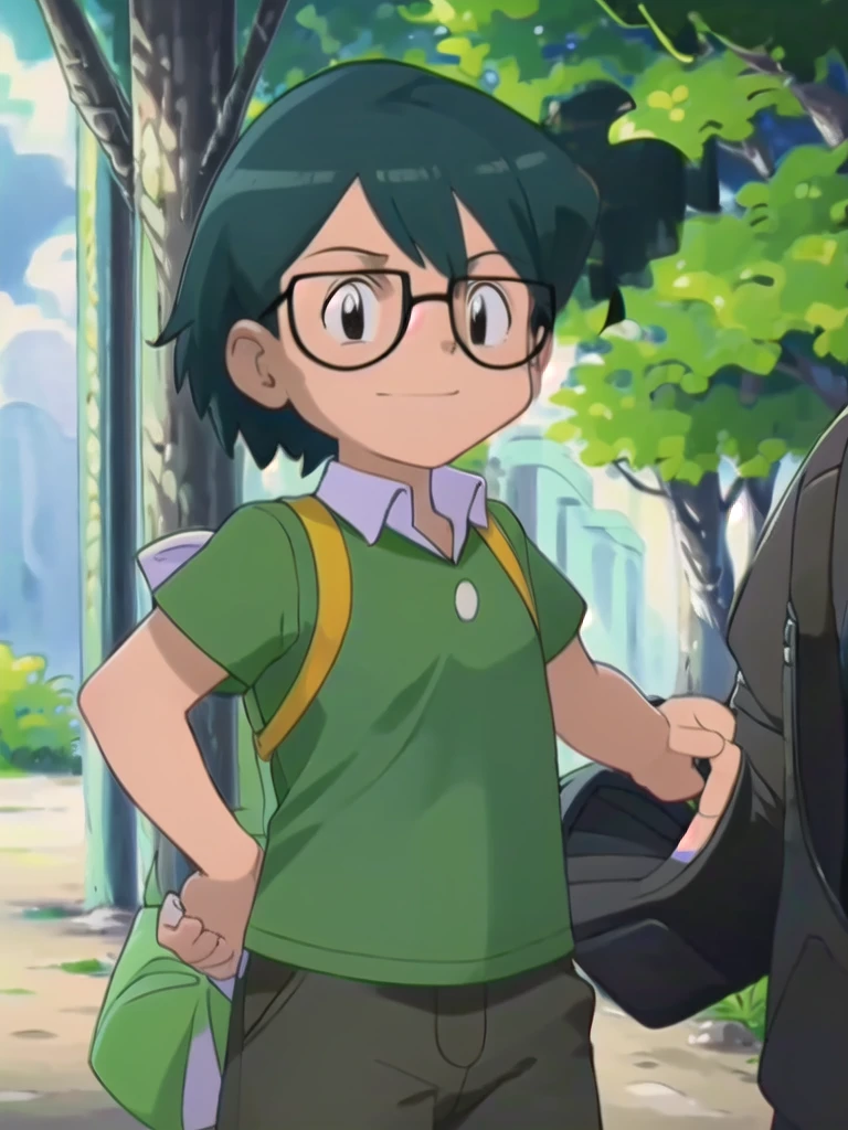Max, solo, looking at viewer, shirt, 1boy, upper body, short sleeves, male focus, outdoors, teeth, collared shirt, bag, tree, backpack, , black-framed eyewear, green shirt, male childt,smile