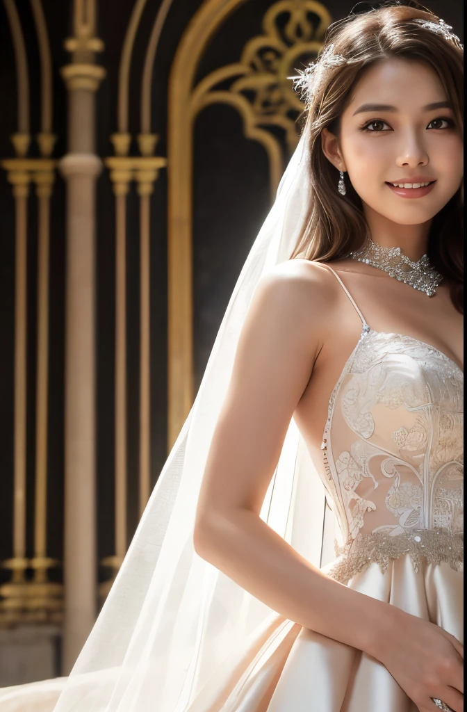(Highest quality, masterpiece:1.2), (Realistic:1.3),, (ultra-Detailed Background, Detailed Background), Bokeh,, , Gorgeous Prom Dresses, Luxury Prom Dresses, Wedding dress, Bridal Veil, Bridal Gauntlet, Bridal Cascading Bouquet,, Upper Body,, Church wedding,, , One girl, cute, Teen, Pause, smile,, Dynamic Angle, ダイナミックなPause,, , Very long hair