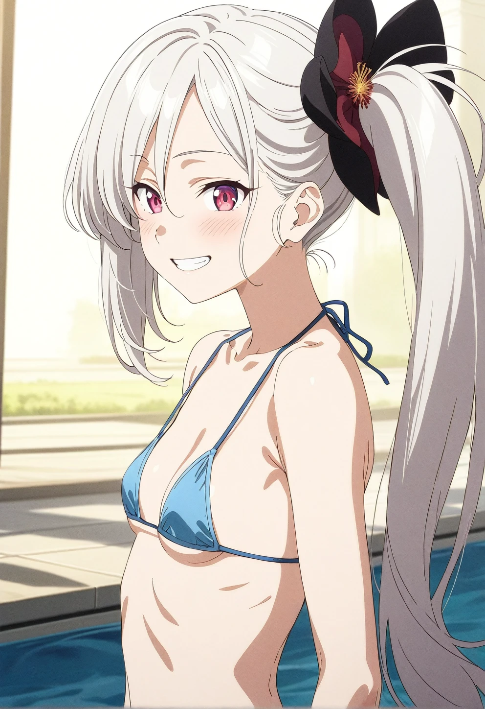 best quality, amazing quality, very aesthetic, absurdres, (1girl, mutsuki, blue archive, solo, red eyes, white hair, side ponytail), (realistic face:0.9),(string ??????:1.8),dress lift, (grin, blush, thigh:1.3), (cowboy shot), (glowing eyes), (half closed eyes:0.9), (from side:2), (official art:1.3), (pool), expressive eyes, perfect face, 4k, extremely detailed anime illustration, extremely detailed eyes, perfect ???????, light rays, extremely delicate body, smooth skin, (anime background:1.5), clear eyes, beautiful face, small ???????,(anime style:1.7), (Warm Light:1.5), (highres:2),