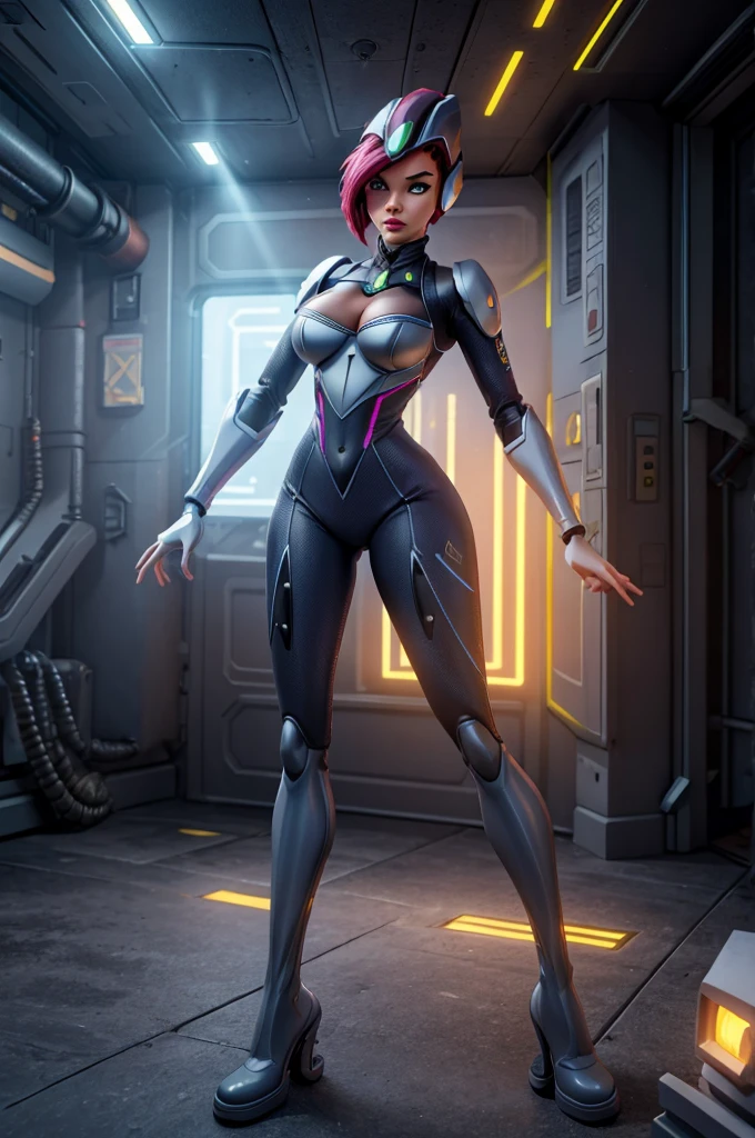 a girl wearing mecha cyber armor,technology bodysuit,smart lines in the costume,cleavage,tech boots,tech gloves,(mechanized valkyrie girl),full body,high heels,intricate details,hyper realistic,8k,award winning,cinematic lighting,dynamic pose,dramatic colors,complex patterns,futuristic,cyberpunk,chiaroscuro lighting,highly detailed,photorealistic,unreal engine,volumetric fog,advanced rendering, technology pistol in hands shining.