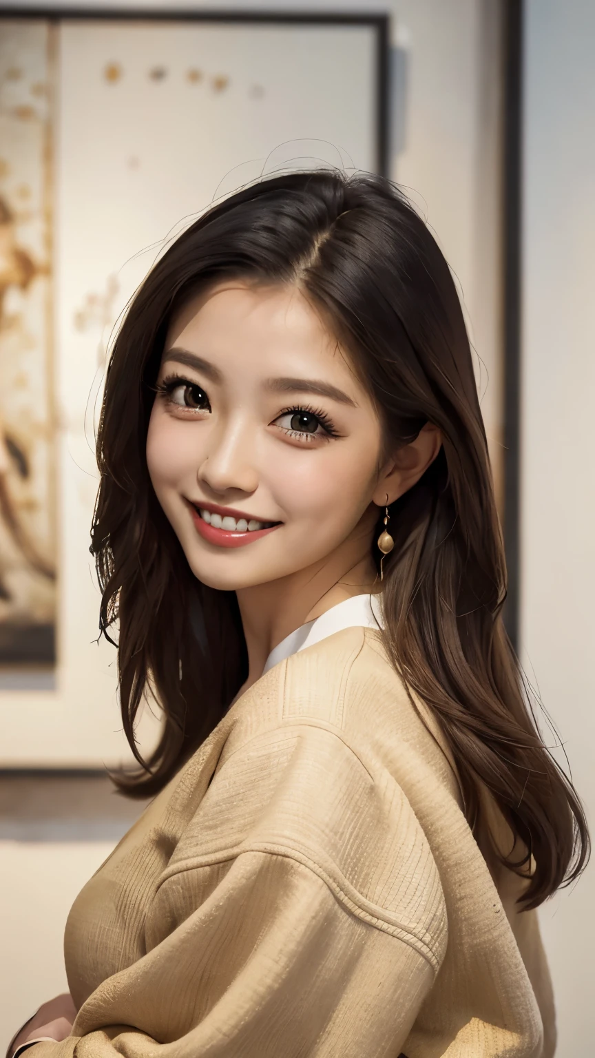 A lovely lady smiling in front of a painting at an art museum,Japanese women,noble,noble,Well-groomed eyebrows,A kind smile,Beautiful in every detail,Handsome, Natural Makeup, Highly detailed skin,8K quality, RAW Photos, Highest quality, Realistic, Cinematic Light
