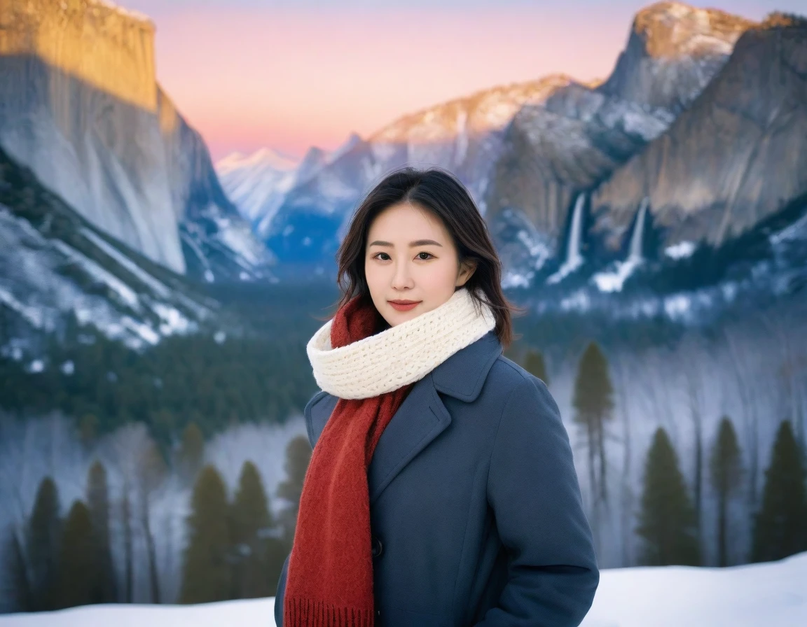 k Best picture quality, Beautiful 36-year-old Korean woman, short and good weather. Chest size 34 inches, Yosemite National Park covered in snow, USA , Red sunrise scene, Picture quality that makes the background vivid and realistic, Short and medium hair blowing in the wind, I wore a thick winter coat, a thick scarf, and jeans., Faint smile. The background is clear, Short and slim Korean woman, Standing in the distance, photographed with a wide-angle lens, full body shot