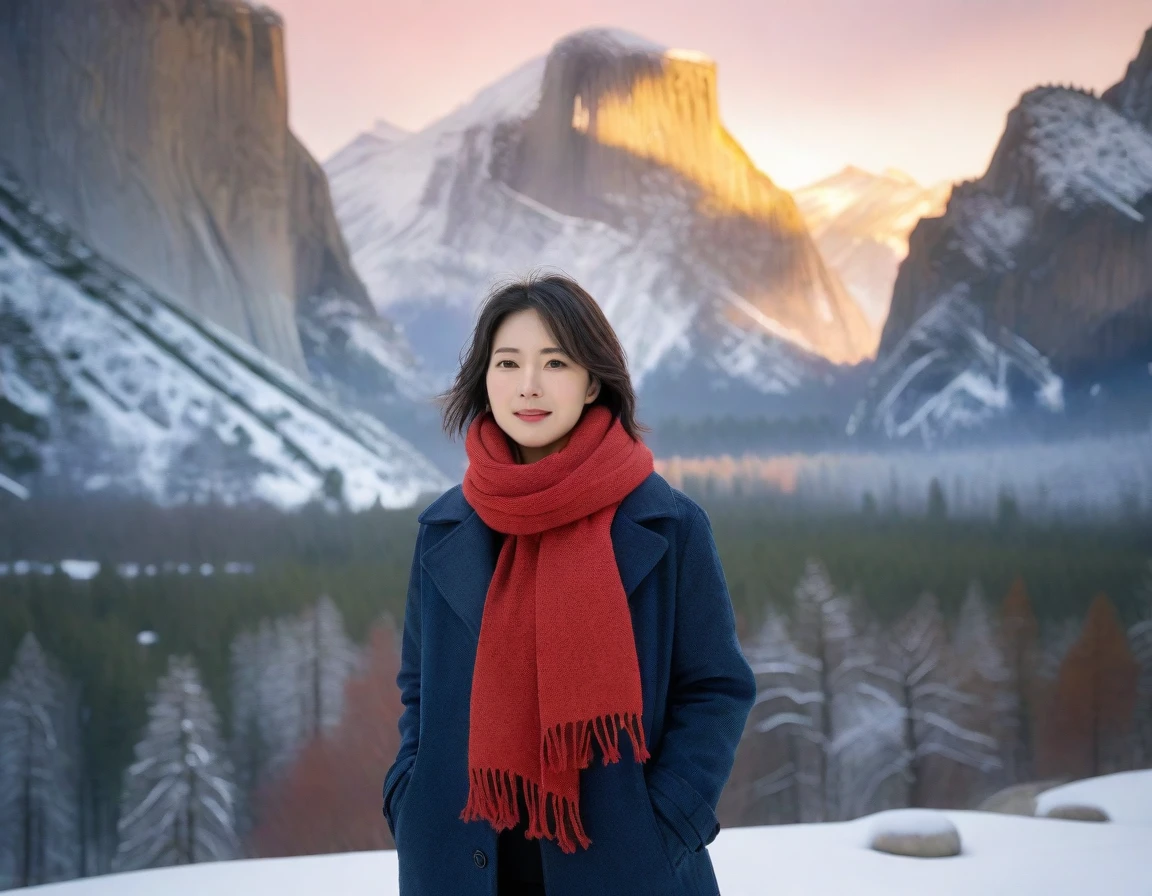 k Best picture quality, Beautiful 36-year-old Korean woman, short and good weather. Chest size 34 inches, Yosemite National Park covered in snow, USA , Red sunrise scene, Picture quality that makes the background vivid and realistic, Short and medium hair blowing in the wind, I wore a thick winter coat, a thick scarf, and jeans., Faint smile. The background is clear, Short and slim Korean woman, Standing in the distance, photographed with a wide-angle lens, full body shot