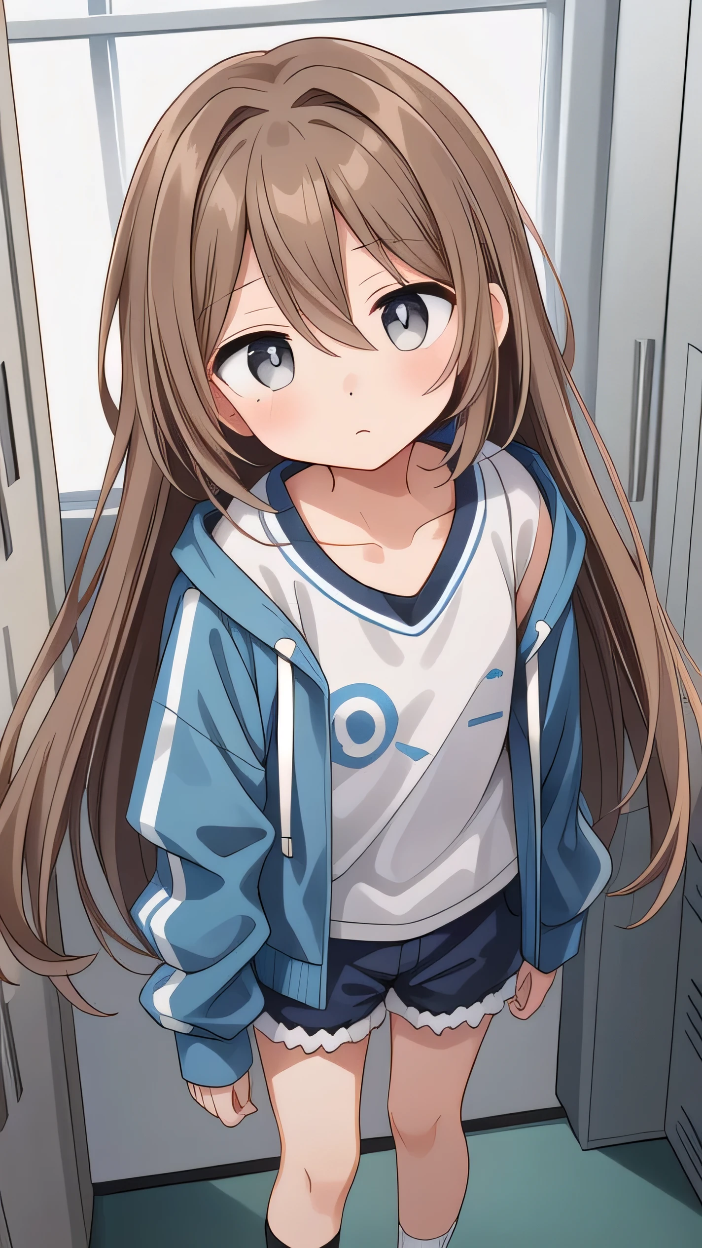 Girl, ( light brown hair :1.5), (gray eyes:1.3), (big eyes: 1.1), (sagging eyes: 1.5), (very long hair:1.1), hair between eyes, cyan long-sleeved hoodie, white T-shirt, dark blue shorts, white sneakers, (flat chest), (straight hair), very short, only , droopy eyes, wearing a jacket, , wearing a jacket,, (short height:1.3), young face , sleepy face, smooth straight hair, locker room,