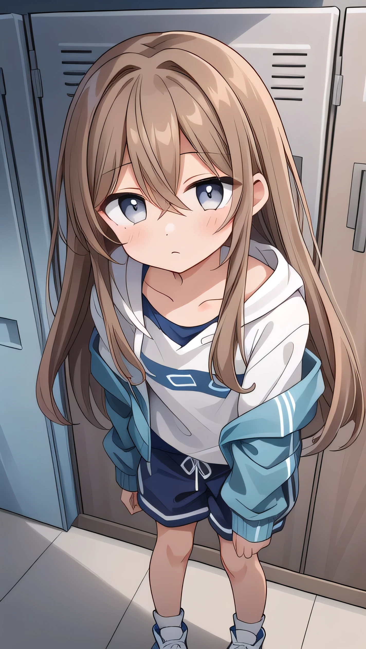 Girl, ( light brown hair :1.5), (gray eyes:1.3), (big eyes: 1.1), (sagging eyes: 1.5), (very long hair:1.1), hair between eyes, cyan long-sleeved hoodie, white T-shirt, dark blue shorts, white sneakers, (flat chest), (straight hair), very short, only , droopy eyes, wearing a jacket, 11 years old, wearing a jacket,, (short height:1.3),  young face , sleepy face, smooth straight hair, locker room, 