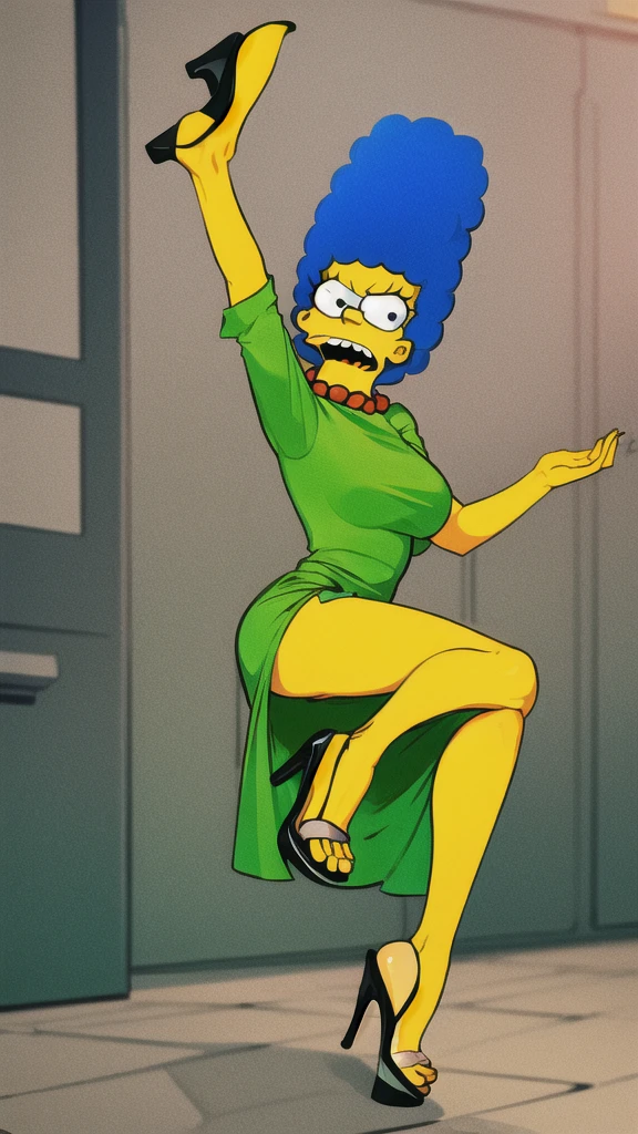 marge simpson, blue hair, red necklace, large breasts, colored skin, yellow skin, green dress, angry, open-toe platform high heels, visible feet, upskirt