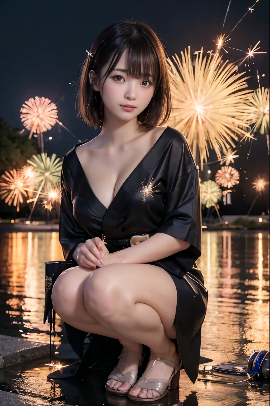 Perfectly Anatomically Correct:1.0, 5 Beautiful finger:1.6, 
1 Japanese Girl, Very Short Hair Bun:1.2, Wide-Set Eyes, Very White Skinned, Blush, Bashfully, -Yeld, O Mouse Slightly, 
Cute Eyes, Brown Hair, Wet Hair, Light Smiling, Cheerful, 
(Turning Japanese Sparklers Below Within Reached Arm:1.6), 
Squatting, Yukata, Kimono, Japanese Clothes, 
Non-Nipple:1.2, 
Looking Up Viewer:1.2, 
Riverside Park, Water Reflection, 
 BREAK 
8K, RAW Photo, Best Quality, Masterpiece, Realistic, PhotoRealistic, Extremely Detailed 8K Wallpaper, Beautifully Detailed Eyes, Finely Detailed Face, POV Shot, 
 BREAK 
High-Key Lighting, Professional Lighting, Bokeh:1.4