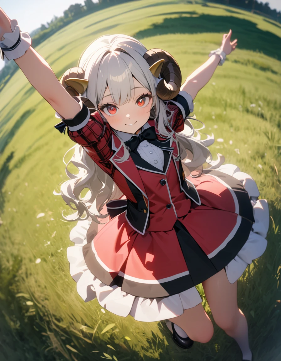 (8K, best quality, master piece: 1.2), super high resolution,1 girl,solo,16yo,ultra-detailed face,detailed eyes,Sheep’s horns attached to the head,Long hair,silverhair,wavy hair,mascara,plaid pattern short sleeve　bourdeax idol costume,over-kneehighs,mary janes,smile,red eyes,(lying on one’s back, arms raised in the air),rim light,fisheye,(Grassland background:1.2), outdoors