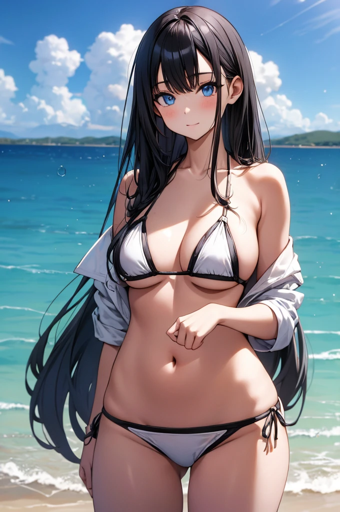 (masterpiece:1.3), (best quality:1.1), (8k, ultra detailed, ultra high res:1.2), ((anime style)), perfect 5 fingers, perfect anatomy, 
1girl,
BREAK long hair,  
black hair, 
blue eyes, 
(medium breasts:0.9), 
looking at viewer, upper body, 
BREAK standing, bikini,
perfect light, 
(detailed background:1.2), outdoors, outside, sea, summer, beach, 