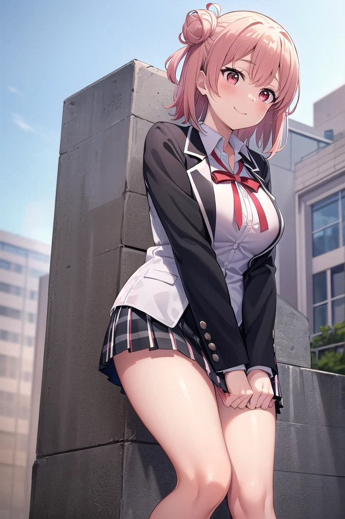 masterpiece, Highest quality, High resolution, ayui, short hair, Single hair bun, Red eyes, Small head, clavicle, Neck ribbon, White shirt, Dress shirt, blazer, Black jacket, Open jacket, Long sleeve, Checked skirt, smile, blush, Outdoor, White thighs, (Huge breasts), (Wide pelvis), (Are standing), (Very large_Lower Body:1.5), (Very thick_feet:1.5), (完全に露出したpanties:1.5), (panties丸見え:1.5), (pink_Race_panties:1.5), (Skirt flip:1.5), (スカート that rolls up:1.5), (feetをクロスさせる:1.5), (Looking up at the crotch from below_perspective:1.5), (Looking at the audience), (Cowboy Shot)