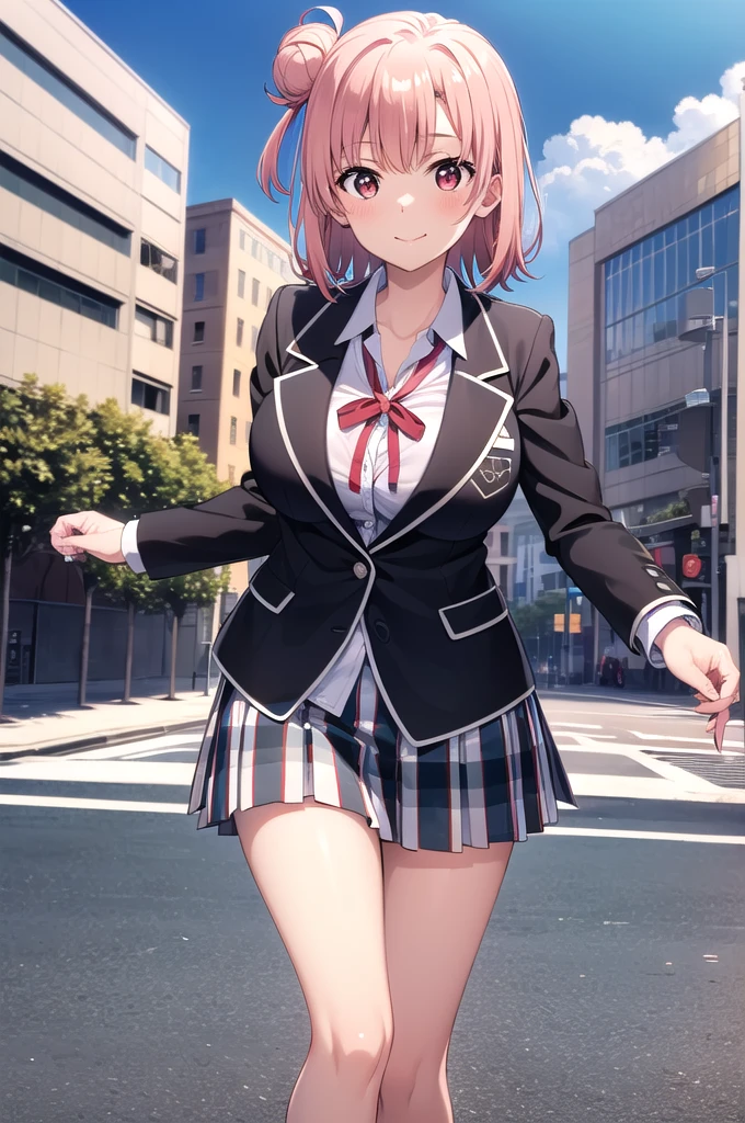 masterpiece, Highest quality, High resolution, ayui, short hair, Single hair bun, Red eyes, Small head, clavicle, Neck ribbon, White shirt, Dress shirt, blazer, Black jacket, Open jacket, Long sleeve, Checked skirt, smile, blush, Outdoor, White thighs, (Huge breasts), (Wide pelvis), (Are standing), (Very large_Lower Body:1.5), (Very thick_feet:1.5), (完全に露出したpanties:1.5), (panties丸見え:1.5), (pink_Race_panties:1.5), (Skirt flip:1.5), (スカート that rolls up:1.5), (feetをクロスさせる:1.5), (Looking up at the crotch from below_perspective:1.5), (Looking at the audience), (Cowboy Shot)