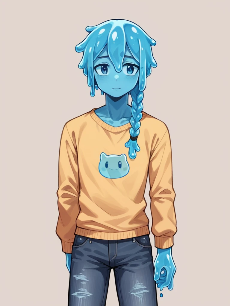 score_9, score_8_up, score_7_up, score_6_up, score_5_up, score_4_up, source_anime, 1Boy, slime Boy, Blue skin, Punk style, , Braided  hair, solo, slimegirlsfw, slime boy, ripped jeans, sweater, slimeboy, femboy , depth of field, LUT,  medium close shot, detailed, handsome, cute slime boy. 