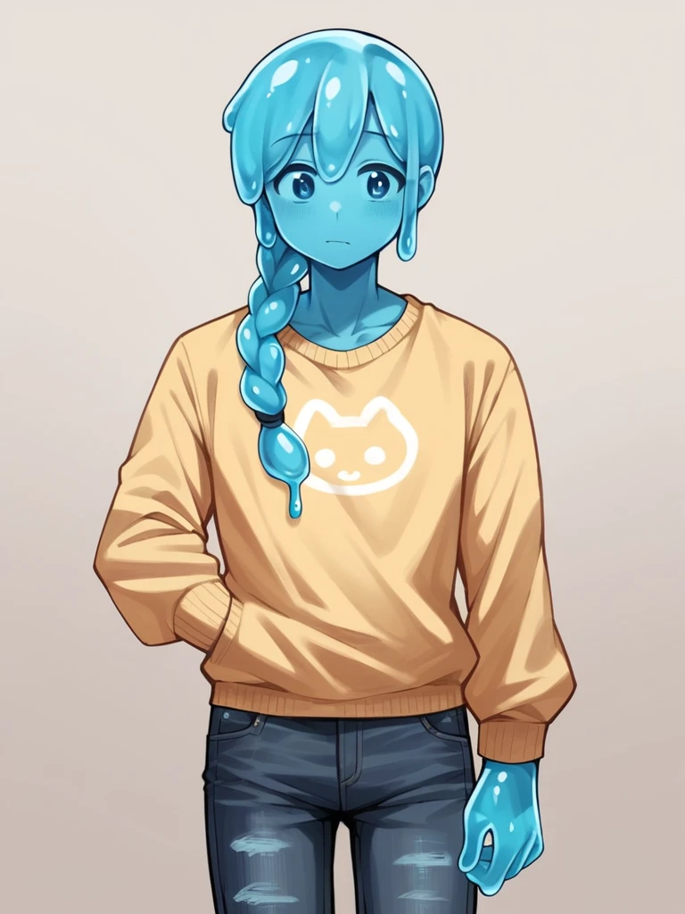 score_9, score_8_up, score_7_up, score_6_up, score_5_up, score_4_up, source_anime, 1Boy, slime Boy, Blue skin, Punk style, , Braided  hair, solo, slimegirlsfw, slime boy, ripped jeans, sweater, slimeboy, femboy , depth of field, LUT,  medium close shot, detailed, handsome, cute slime boy. 