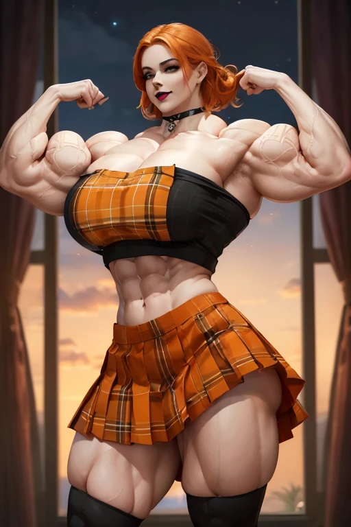 ((((Massive tall, beautiful, buff, pale white skinned muscular woman with orange hair, black lipstick, ginormous bulky muscles, flexing and wearing a orange plaid off-shoulder cropped top and beautiful long pleated skirt)))), (close view), (massive muscles), long shaggy hair, ((chained belt)), green eyes, choker, ((orange plaid off-shoulder cropped top)), belt, ((beautiful long pleated skirt)), thigh high socks, black boots, (at a college dorm room), closed smile, night, massive muscles