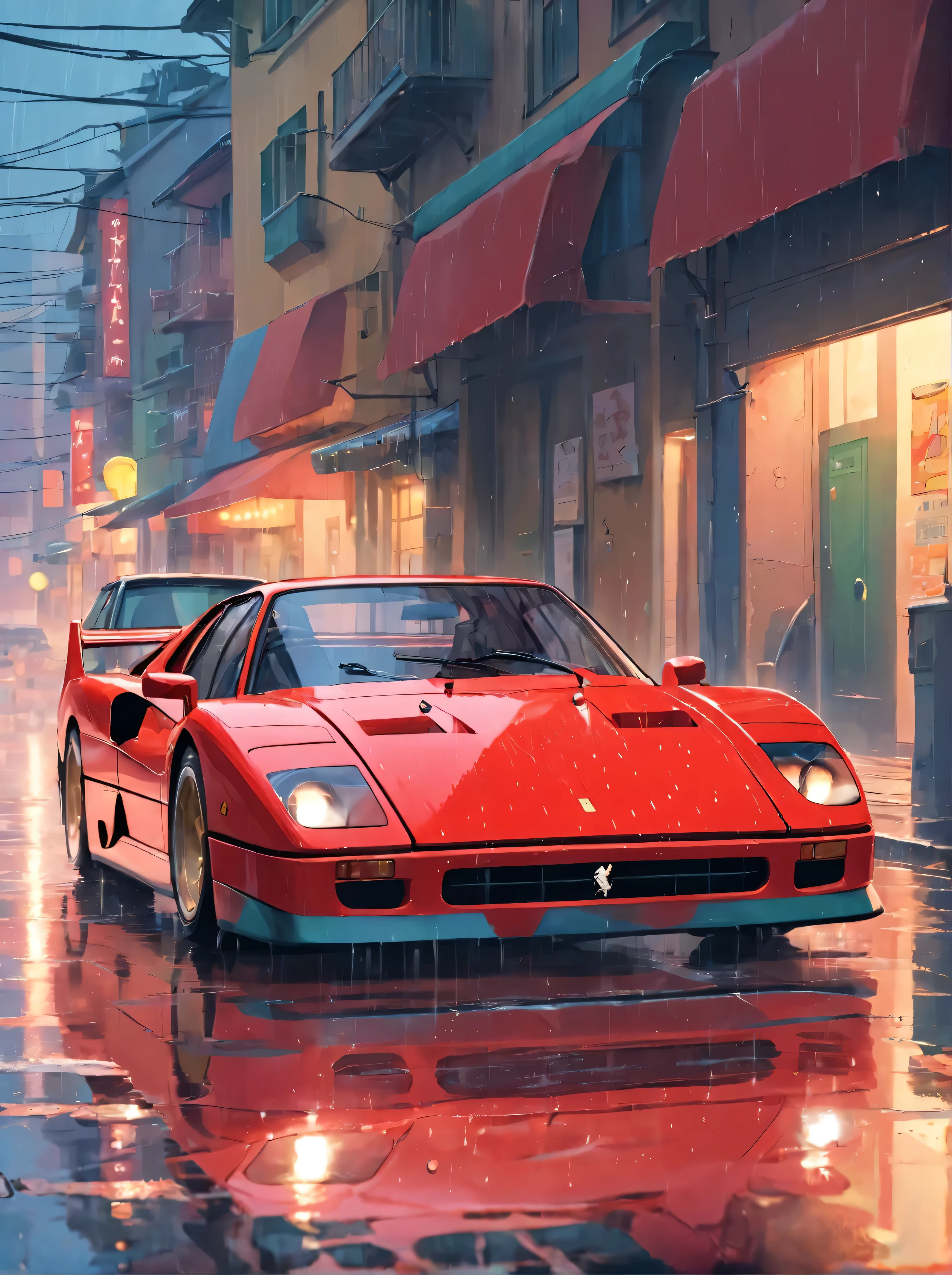 a red sports car is parked in the rain, a 3D render, inspired by Alena Aenami, photorealism, with elements of the f40, badass anime 8 k, photo-realistic low lighting, 8k octae render photo, guillem h. pongiluppi, wet streets, nostalgic 8k, photorealism 4 k, retro wave, ferrari f 4 0