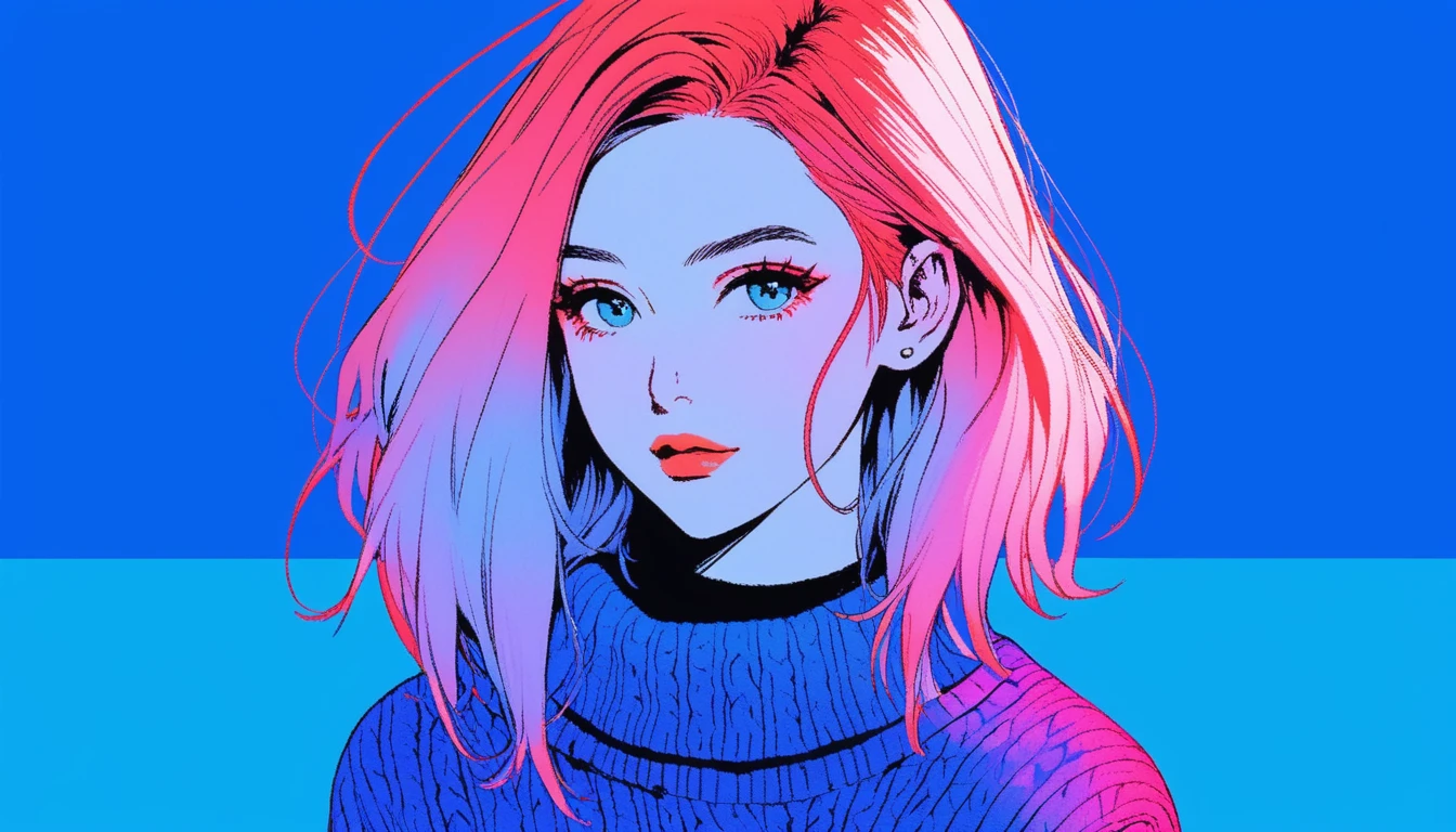 Illustrator, anime , Realistic ,sketch , 1 Girl, ,lip, sweater,order, Blue gradient background, Neon Hair,Textured Trim, Canadian, (masterpiece,Highest quality)