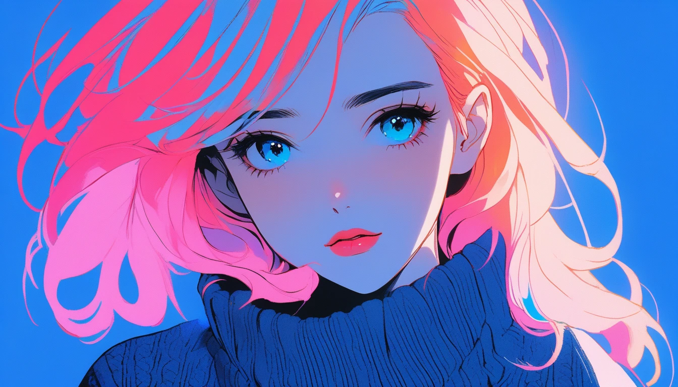 Illustrator, anime , Realistic ,sketch , 1 Girl, ,lip, sweater,order, Blue gradient background, Neon Hair,Textured Trim, Canadian, (masterpiece,Highest quality)