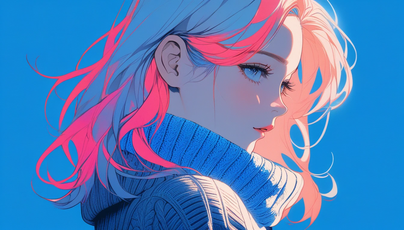 Illustrator, anime , Realistic ,sketch , 1 Girl, ,lip, sweater,order, Blue gradient background, Neon Hair,Textured Trim, Canadian, (masterpiece,Highest quality)