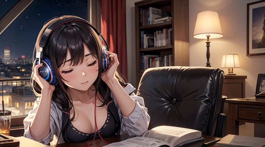 Girl with headphones enjoying music in a home　I am studying　Emphasize a little bit of the big chest　Looking towards me with eyes closed　Night Background