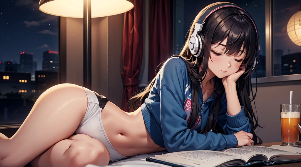 Girl with headphones enjoying music in a home I am studying Emphasize a little bit of the big chest Looking towards me with eyes closed Night Background
