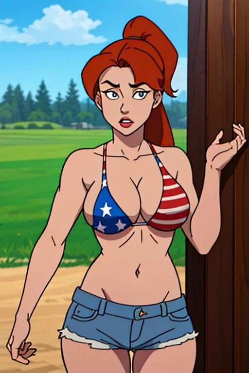 best quality, 1girl adult, pale skin, ginger hair, medium hair, ponytail hair, grey eyes, big breasts, jean shorts and american flag bikini top, on farm
