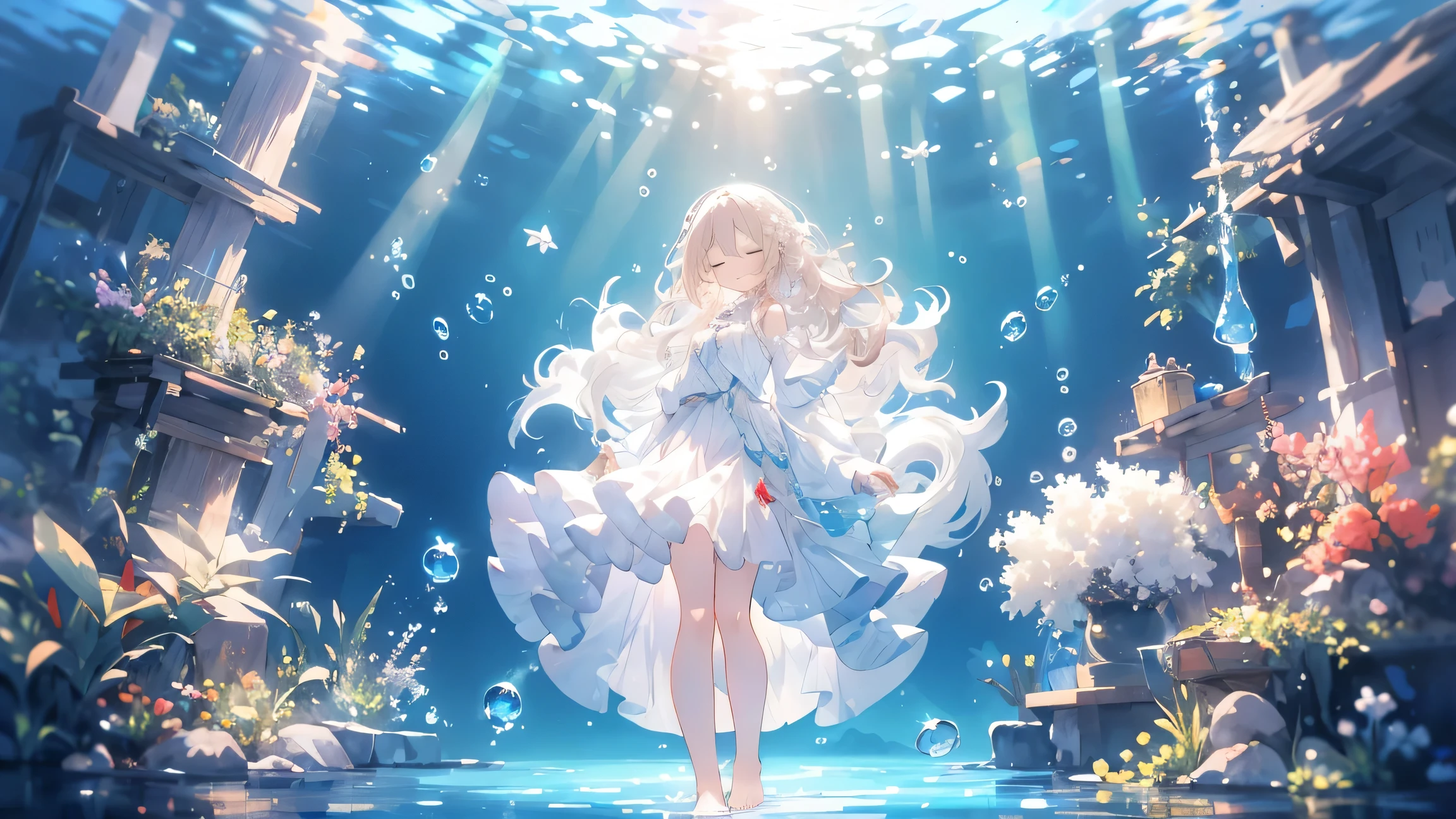 an artwork of a woman in white skirt and flowing white hair under water, 1 Girl, skirt, In the water, Lonely, Long Hair, close your eyes, Brown Hair, air bubble, barefoot, bubble