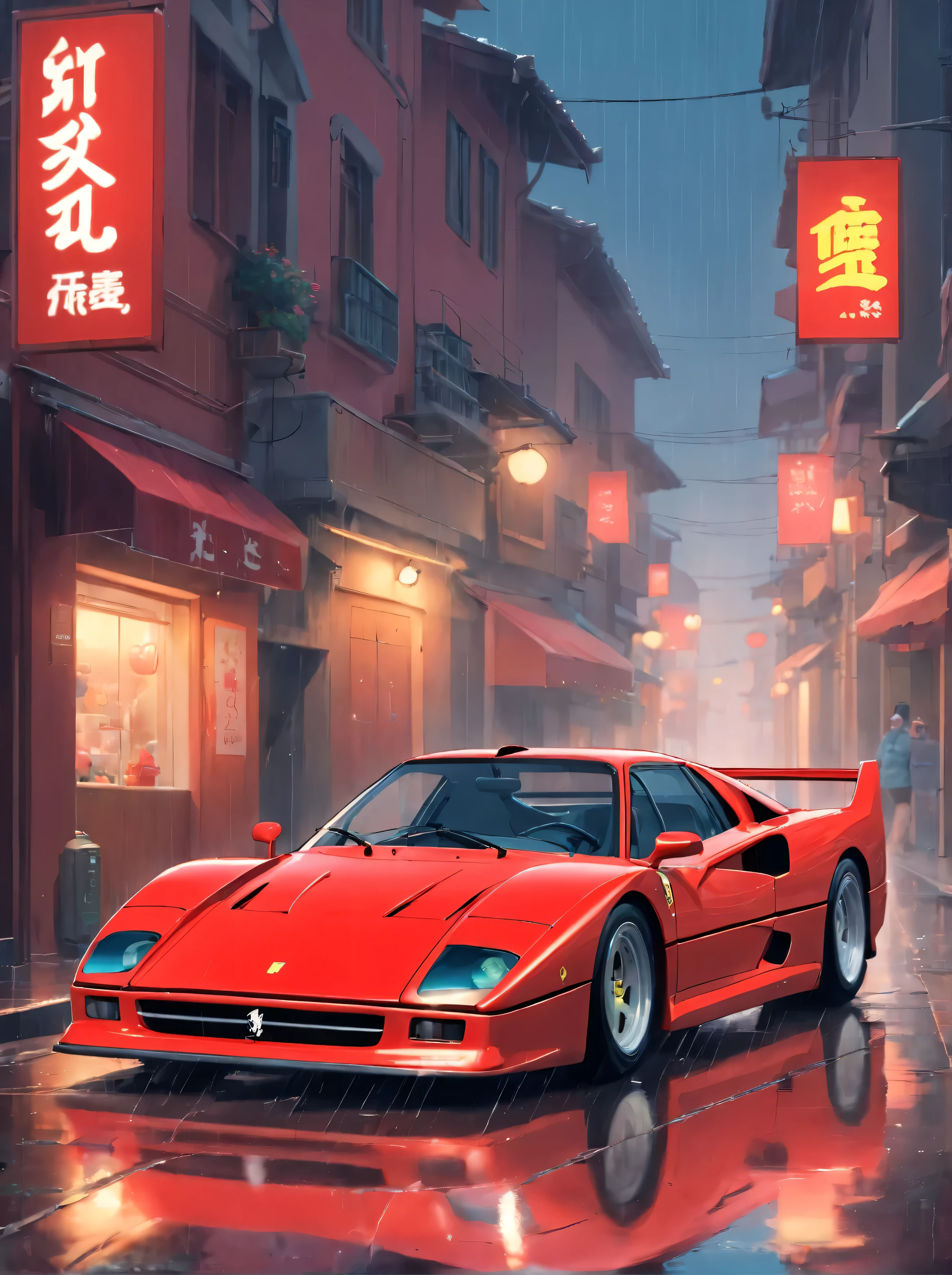 a red sports car is parked in the rain, a 3D render, inspired by Alena Aenami, photorealism, with elements of the f40, badass anime 8 k, photo-realistic low lighting, 8k octae render photo, guillem h. pongiluppi, wet streets, nostalgic 8k, photorealism 4 k, retro wave, ferrari f 4 0