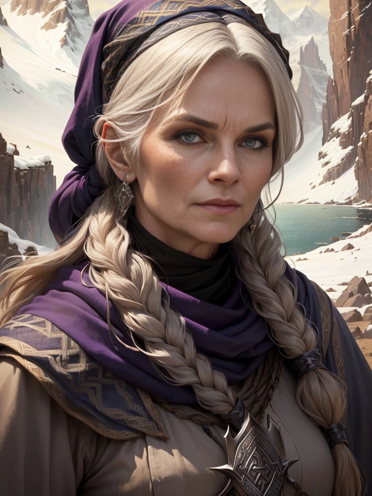 a portrait of a fierce 60 years old mature Viking woman priestess, (head scarf),embodying bravery and resilience in a rugged landscape