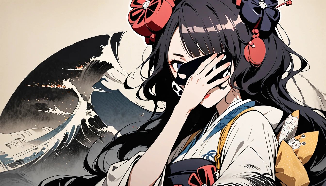 (((Cover your entire face with a skull mask))), (((Katsushika Hokusai))), (((Ink Painting))), ((very straight longhair)), ((1 girl)), Japanese style headphones, Black Hair, Delicate and precise, Modern ukiyo-e style
