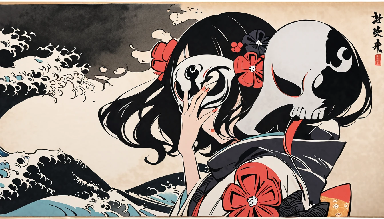 (((Cover your entire face with a skull mask))), (((Katsushika Hokusai))), (((Ink Painting))), ((very straight longhair)), ((1 girl)), Japanese style headphones, Black Hair, Delicate and precise, Modern ukiyo-e style