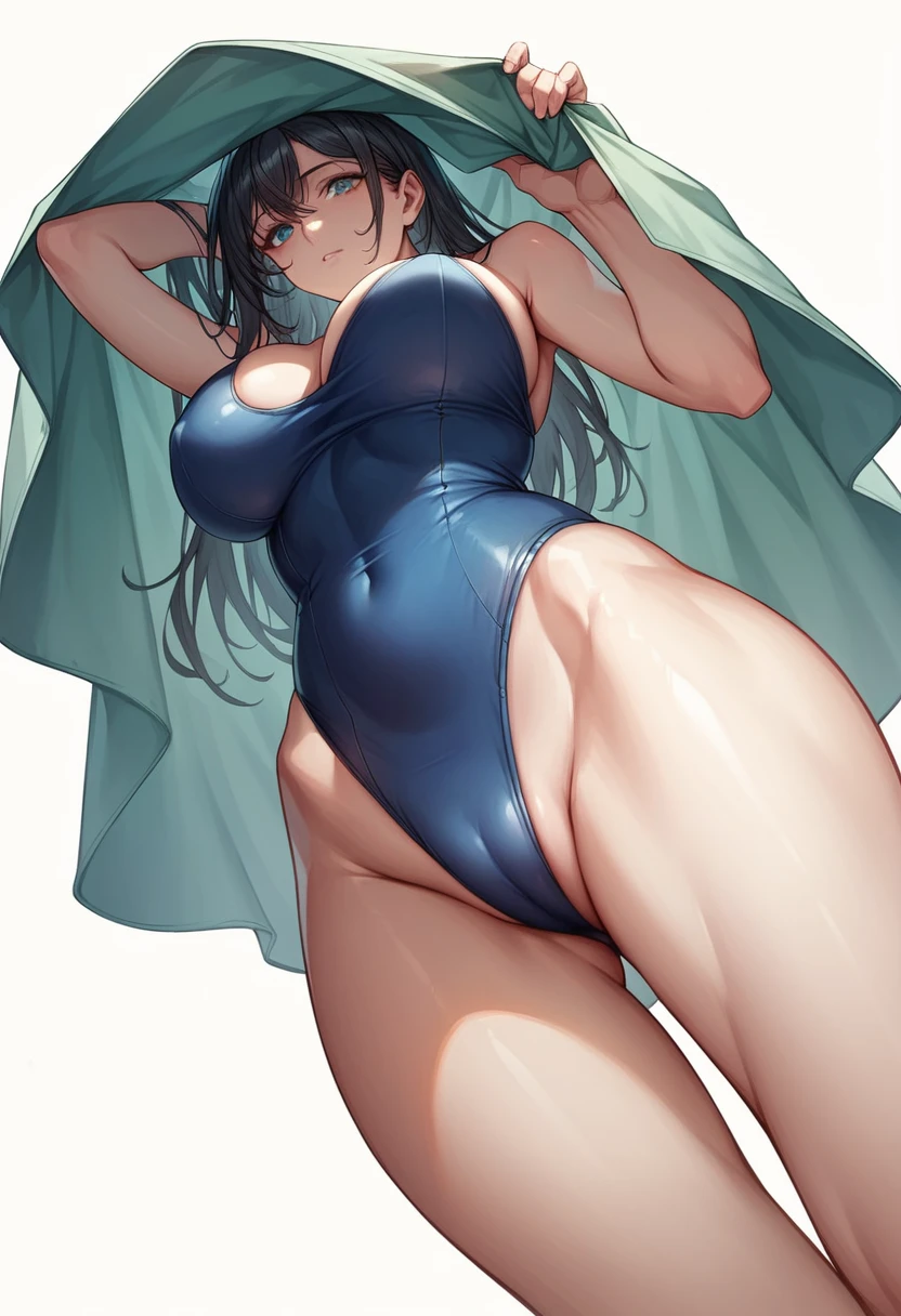 masterpiece,Highest quality,High resolution,shape,Very detailed,8k CG wallpaper,One Girl,Ray Tracing,Beautiful breasts,Long black hair, Navy blue oversized swimsuit,White background,Her butt is facing me,Composition from below
