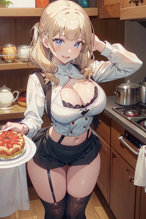 (dynamic angle:1.3, front view:1.1, breast focus:1.3, from above:1.1), (dynamic posing:1.2, sexy posing:1.2), (seductive smiling:1.3), ((holding Pasta on a plate,Taking the pasta out of the pan, worried about the outcome:1.2)),highest quality、(real、photorealistic:1.4),(ultra high resolution, 8K RAW photo, clear focus), best qualtiy, natural lighting, field depth, (Bright pupils, detailed beautiful eyes, high detailed face), Red lip, (tight focus:1.2), a girl 22yo old, Wearing a pastry chef uniform:1.3 , Thicc, thin breast, long hair, blue eyes,garter stocking, cleavage:1.2, midriff, black shorts, black thighhighs, thigh strap, pretty girl, (highly detailed beautiful face and eyes,firm breasts),real skin,((black,hair,long pony tail hair)),thin pubic hair,cute,lovely, detailed eyes,(double breasted:1.0,under bust:1.0),(with sparkling eyes and a contagious smile),open mouth, Looking at Viewer,A scene of make cooking Cakes in the kitchen