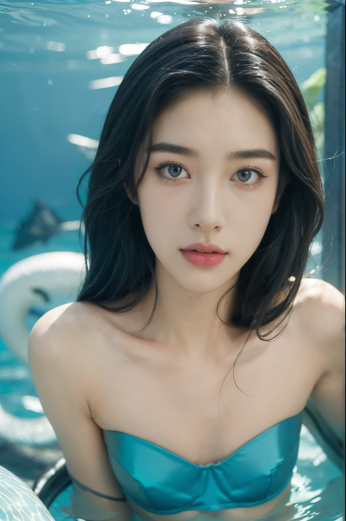 (((best quality))),(((ultra detailed))),(((masterpiece))),illustration,(1 beautiful girl,shark girl,solo),((slim,thin,small breasts,flat chest)),aquarium,summer night,(sleek strapless bra:1.3),shimmering hues,enchanting aura,(shoulder length straight bob hair:1.2),ocean-blue locks,shiny seaweed,porcelain skin,neon lights,emerald eyes,sharp gaze,delicate shark fin,translucent membrane,dancing fish,vibrant colors,undulating water,salty scent,distant waves,coral reef,gentle shadows,serene ambiance,electric atmosphere,Alezandra,oceanic magic,allure,enchantment,vision,extraordinary presence,((from front,close-up of face))