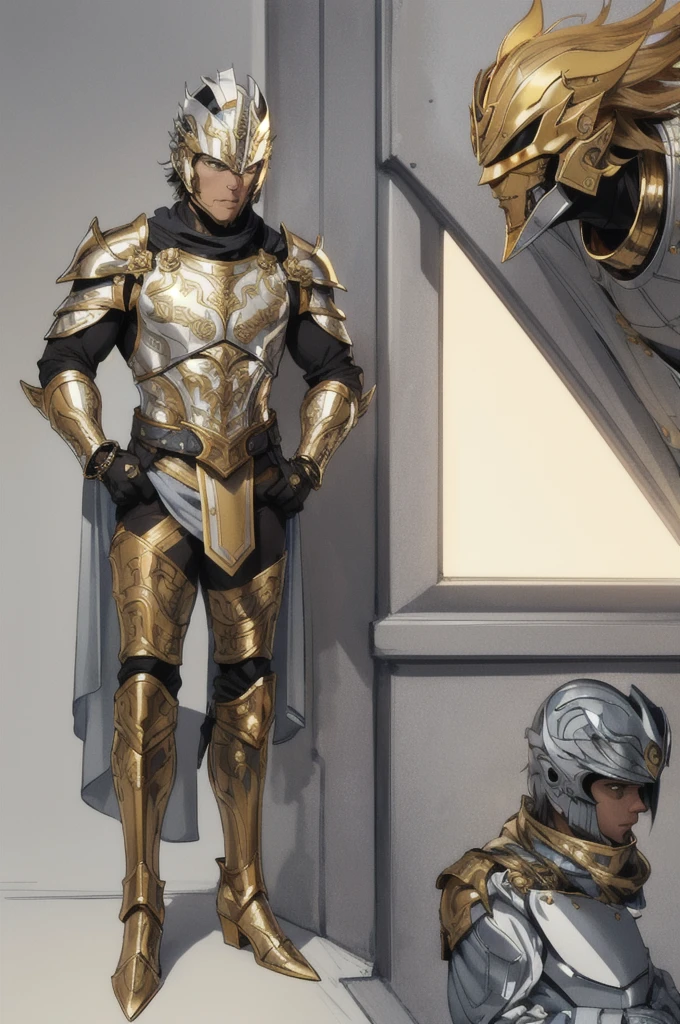 A man wearing silver-colored armor, wearing a silver-colored helmet with a black visor, with a pair of golden bracelets, wearing metallic pants with golden knee pads, golden boots